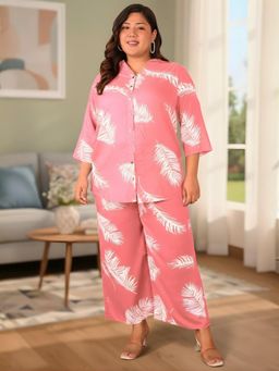 Indietoga Plus Size - Pink Leaf Print Rayon Co-Ord Set