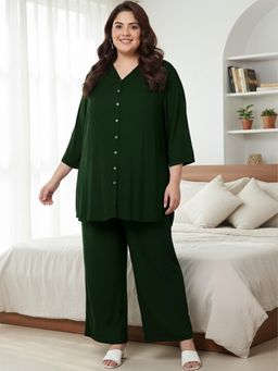 Indietoga Plus Size - Green Solid Rayon Co-Ord Set
