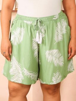Indietoga Plus Size - Women'S Green Leaf Print Rayon Shorts