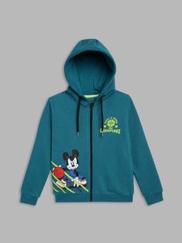 Blue Giraffe - Boys Teal Mickey Mouse Printed Hooded Full Sleeves Sweatshirt