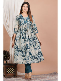 Yash Gallery - Womens Floral Printed Sequins Work Anarkali Kurta With Pant- Blue (Set of 2)