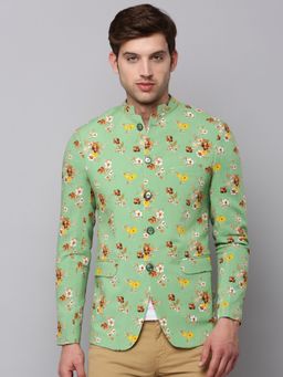 SHOWOFF - Mens Mandarin Collar Printed Green Open Front Blazer