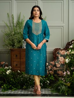 Gahan - Teal Blue Embroidered Kurta with Gold Polka Detailing