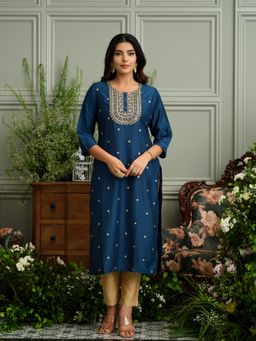 Gahan - Navy Blue Kurta with Embroidered Neckline and Gold Accents