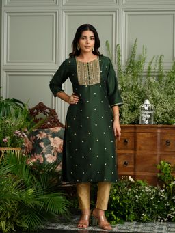 Gahan - Mehndi Green Embroidered Kurta with Gold Polka and Yoke Design