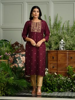 Gahan - Wine Embroidered Kurta with Golden Polka Detailing and Yoke Design