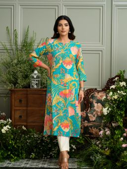 Gahan - Floral Luxe Hand-Embellished Teal Rayon Kurta