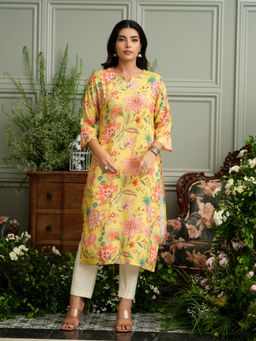 Gahan - Mustard Rayon Kurta with Handwork and Bold Floral Print
