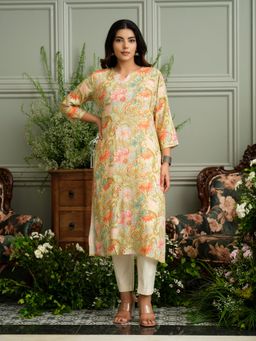 Gahan - Beige Floral Rayon Kurta with Delicate Handwork