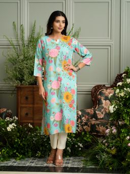 Gahan - Sky Blue Rayon Kurta with Bold Floral Print & Handwork
