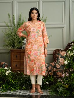 Gahan - Soft Bloom Handcrafted Peach Floral Kurta in Rayon