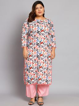 Gahan - Women Plus Size White & Pink Floral Printed Kurta & Pant