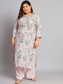 Gahan - Women Plus Size Pink & Green Floral Printed Kurta with Pant