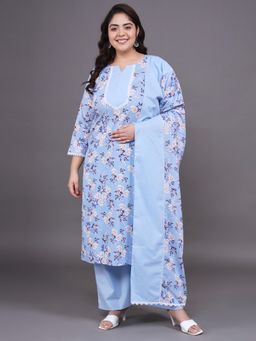 Gahan - Women Plus Size Blue Floral Printed Pure Cotton Kurta Pant with Dupatta