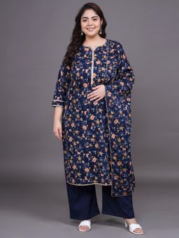 Gahan - Women Plus Size Navy Blue Printed Pure Cotton Kurta Pant With Dupatta