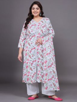 Gahan - Women Plus Size Grey Floral Printed Pure Cotton Kurta & Pant With Dupatta