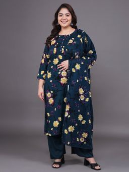 Gahan - Women Plus Size Teal Floral Printed Kurta & Pant With Dupatta