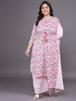 Gahan - Women Plus Size Pink Floral Printed Pure Cotton Kurta & Palazzo With Dupatta