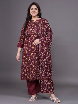 Gahan - Women Plus Size Maroon Printed Pure Cotton Zari Work Kurta & Pant with Dupatta
