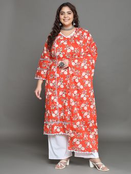 Gahan - Women Plus Size Orange Floral Printed Pure Cotton Kurta & Palazzo with Dupatta