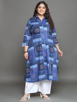 Gahan - Women Plus Size Blue Printed Pure Cotton Kurta with Palazzo