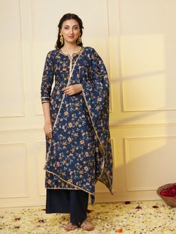 Gahan - Women Navy Blue Printed Pure Cotton Kurta & Pant With Dupatta