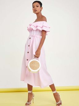Styli - Pink Off Shoulder Flare Detail Striped A-line Midi Dress