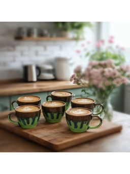 BRINNS - Overflow Green Brown Glazed Ceramic Microwave Safe Mugs (Pack of 6)