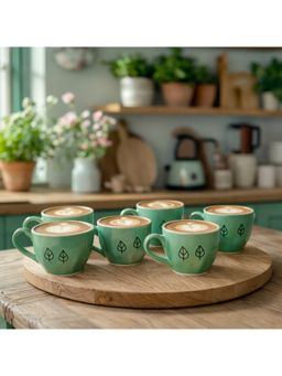 BRINNS - Leaf Green Grey Hammered Ceramic Microwave Safe Mugs (Pack of 6)