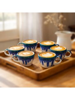 BRINNS - Leaf White Blue Hammered Ceramic Microwave Safe Mugs (Pack of 6)