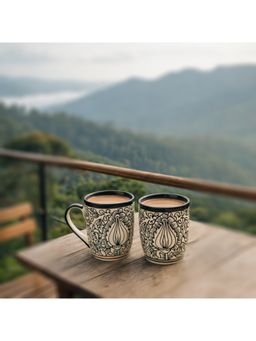 BRINNS - Kalamkari Cream-Black Print Ceramic Microwave Safe Mugs (Pack of 2)