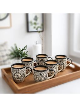 BRINNS - Kalamkari Cream Black Print Ceramic Microwave Safe Mugs (Pack of 6)