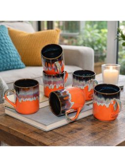 BRINNS - Flow Orange Brown Glazed Ceramic Microwave Safe Mugs (Pack of 6)