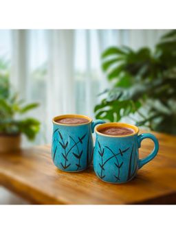 BRINNS - Leaf Blue-Black Print Ceramic Microwave Safe Mugs (Pack of 2)