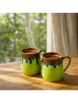BRINNS - Flow Green Brown Glazed Ceramic Microwave Safe Mugs (Pack of 6)