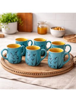 BRINNS - Leaf Blue-black Print Ceramic Microwave Safe Mugs (Pack of 6)