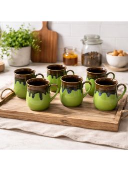 BRINNS - Flow Green Brown Glazed Ceramic Microwave Safe Mugs (Pack of 6)