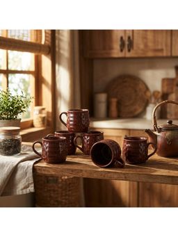 BRINNS - Embossed Brown Glazed Ceramic Microwave Safe Mugs (Pack of 6)