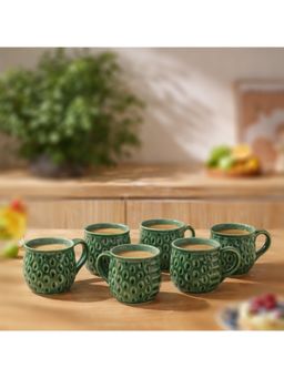 BRINNS - Embossed Green Glazed Ceramic Microwave Safe Mugs (Pack of 6)
