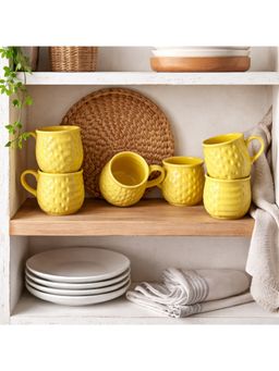 BRINNS - Embossed Green Glazed Ceramic Microwave Safe Mugs (Pack of 6)