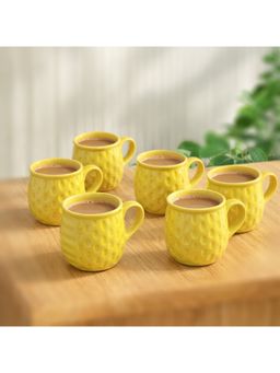 BRINNS - Embossed Yellow Glazed Ceramic Microwave Safe Mugs (Pack of 6)