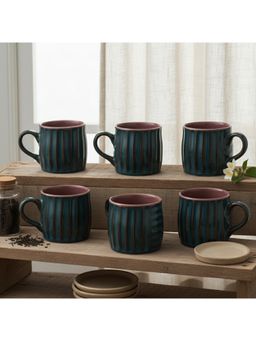 BRINNS - Ribbed Teal Brown Dual Tone Ceramic Mugs (Pack of 6)
