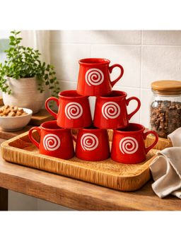 BRINNS - Spiral Red White Glazed Ceramic Mugs (Pack of 6)