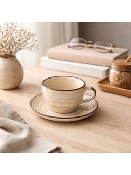 BRINNS - Capiz Beige-Brown Glazed Porcelain Microwave Safe Cup with Saucer