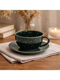 BRINNS - Capiz Turquoise Glazed Porcelain Microwave Safe Cup with Saucer