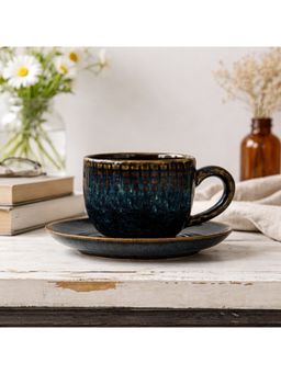 BRINNS - Capiz Teal Glazed Porcelain Microwave Safe Cup with Saucer