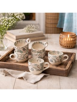 BRINNS - Floral Grey Green Print Ceramic Microwave Safe Mugs (Pack of 6)