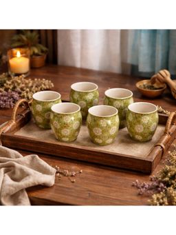 BRINNS - Floral Green-White Print Ceramic Microwave Safe Kullads (Pack of 6)