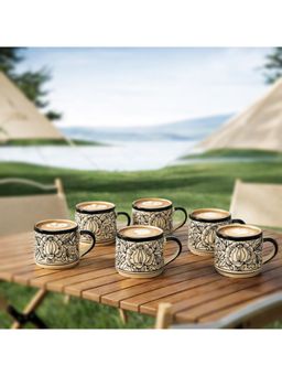 BRINNS - Kalamkari Cream Black Print Ceramic Mugs (Pack of 6)