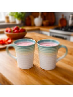 BRINNS - Drip White Teal Glazed Ceramic Microwave Safe Mugs (Pack of 6)